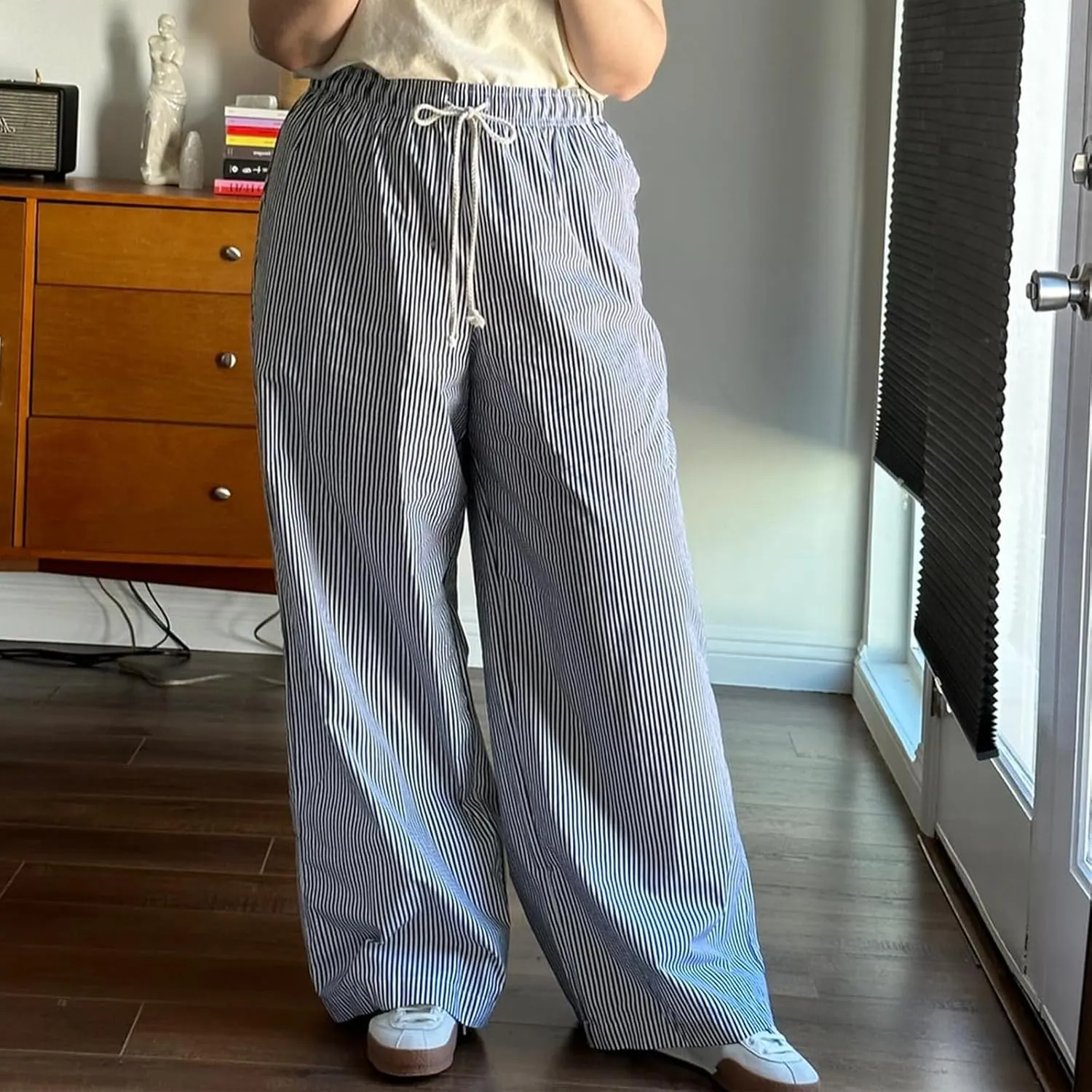 Faretumiya Striped Long Pants Women Elastic Straight Wide Leg Pants Y2k Causal Lounge Drawstring Stripe Trousers Pajama Pant