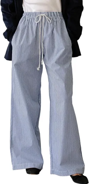 Faretumiya Striped Long Pants Women Elastic Straight Wide Leg Pants Y2k Causal Lounge Drawstring Stripe Trousers Pajama Pant