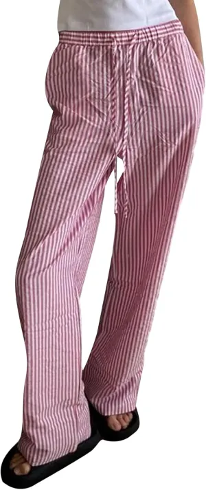 Faretumiya Striped Long Pants Women Elastic Straight Wide Leg Pants Y2k Causal Lounge Drawstring Stripe Trousers Pajama Pant