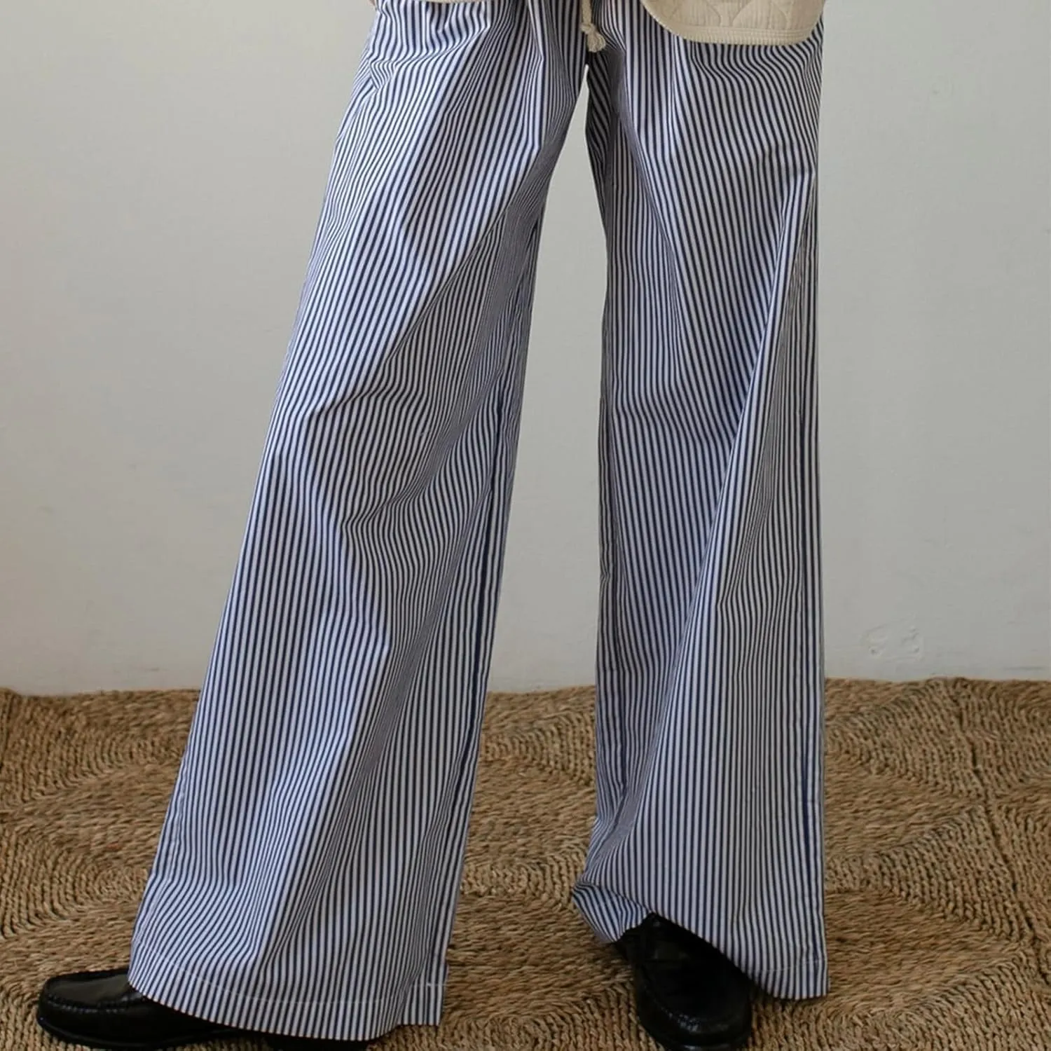 Faretumiya Striped Long Pants Women Elastic Straight Wide Leg Pants Y2k Causal Lounge Drawstring Stripe Trousers Pajama Pant