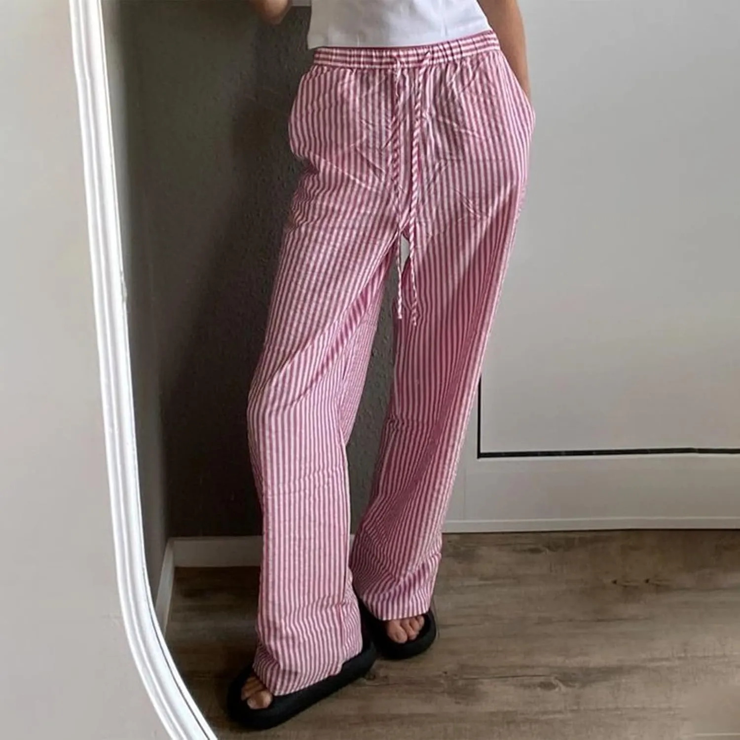Faretumiya Striped Long Pants Women Elastic Straight Wide Leg Pants Y2k Causal Lounge Drawstring Stripe Trousers Pajama Pant