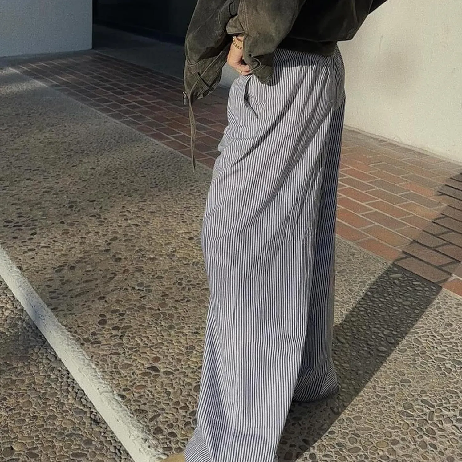 Faretumiya Striped Long Pants Women Elastic Straight Wide Leg Pants Y2k Causal Lounge Drawstring Stripe Trousers Pajama Pant