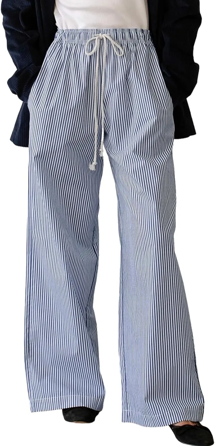 Faretumiya Striped Long Pants Women Elastic Straight Wide Leg Pants Y2k Causal Lounge Drawstring Stripe Trousers Pajama Pant