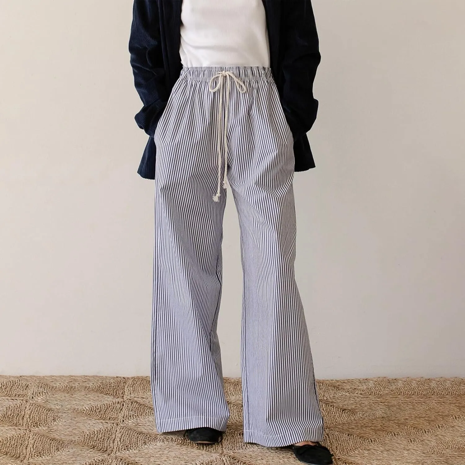 Faretumiya Striped Long Pants Women Elastic Straight Wide Leg Pants Y2k Causal Lounge Drawstring Stripe Trousers Pajama Pant