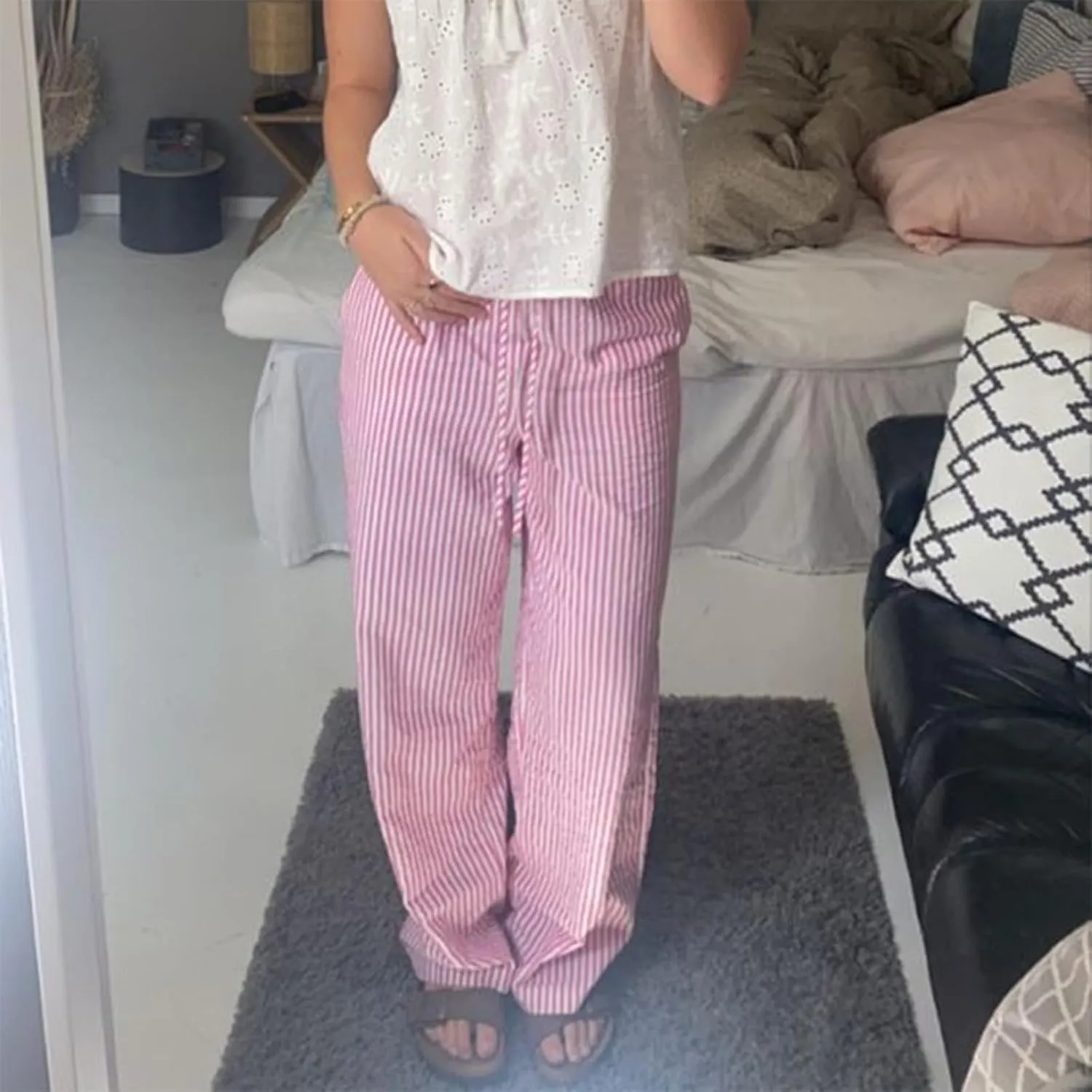 Faretumiya Striped Long Pants Women Elastic Straight Wide Leg Pants Y2k Causal Lounge Drawstring Stripe Trousers Pajama Pant