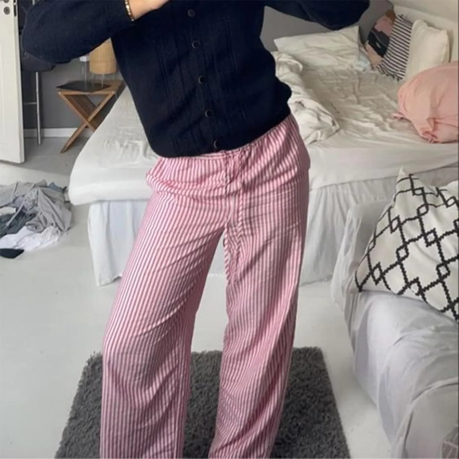 Faretumiya Striped Long Pants Women Elastic Straight Wide Leg Pants Y2k Causal Lounge Drawstring Stripe Trousers Pajama Pant
