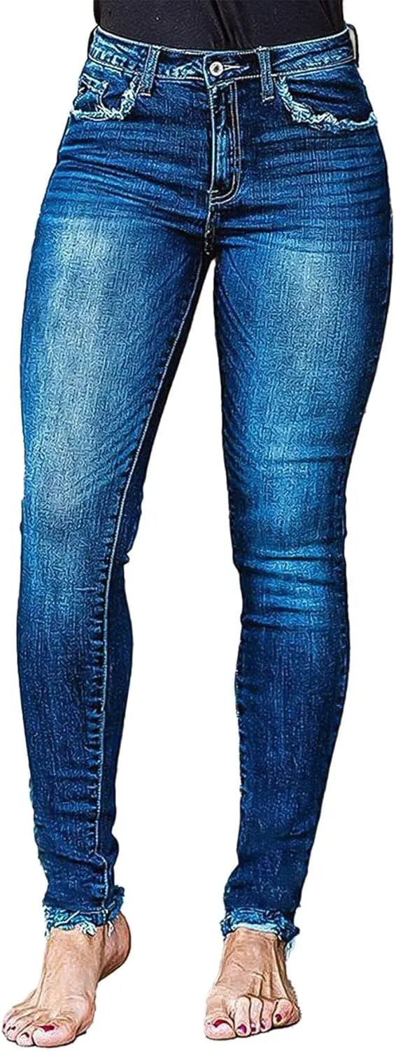 Flamingals Skinny Jeans for Women High Waist Stretchy Jeggings Curvy Wash Raw Hem Vintage Denim Jeans