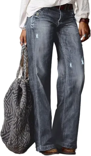 Flamingals Straight Leg Jeans for Women Ripped Raw Hem Mid Waisted Bootcut Jeans Without Belts