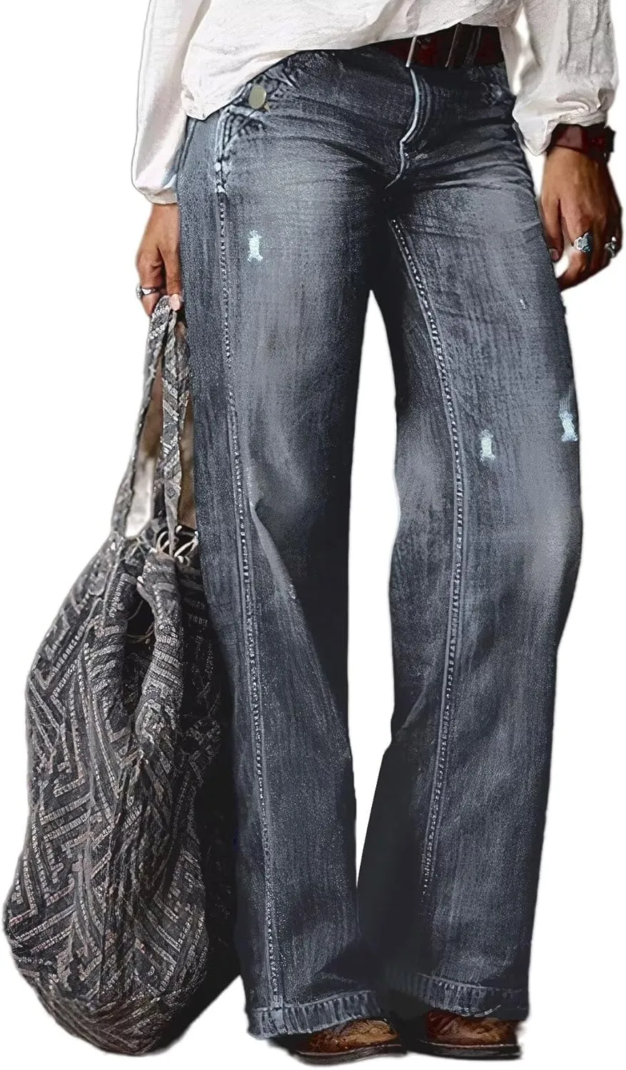 Flamingals Straight Leg Jeans for Women Ripped Raw Hem Mid Waisted Bootcut Jeans Without Belts