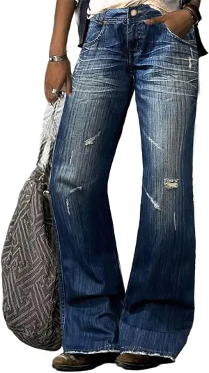 Flamingals Straight Leg Jeans for Women Ripped Raw Hem Mid Waisted Bootcut Jeans Without Belts
