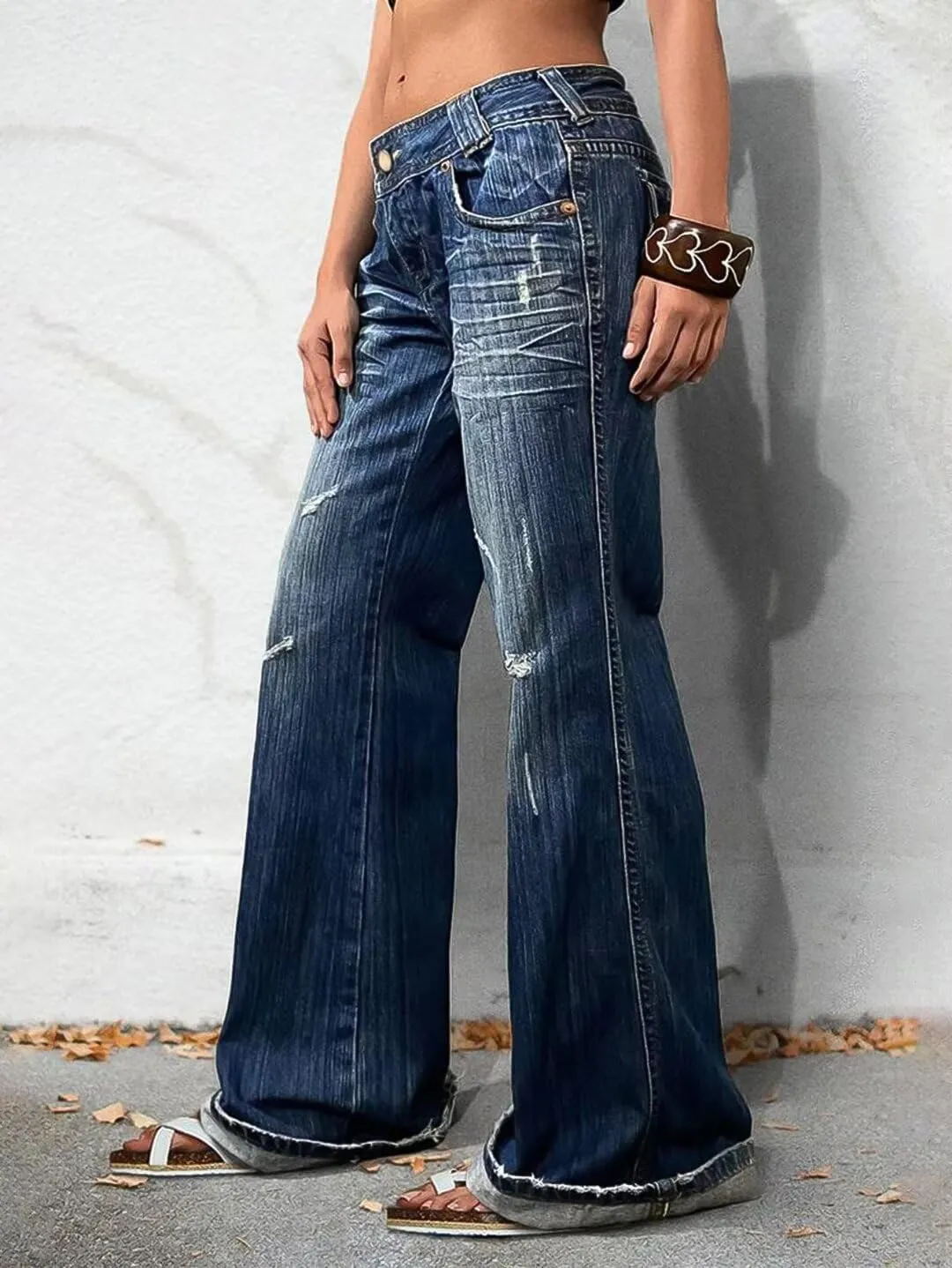 Flamingals Straight Leg Jeans for Women Ripped Raw Hem Mid Waisted Bootcut Jeans Without Belts