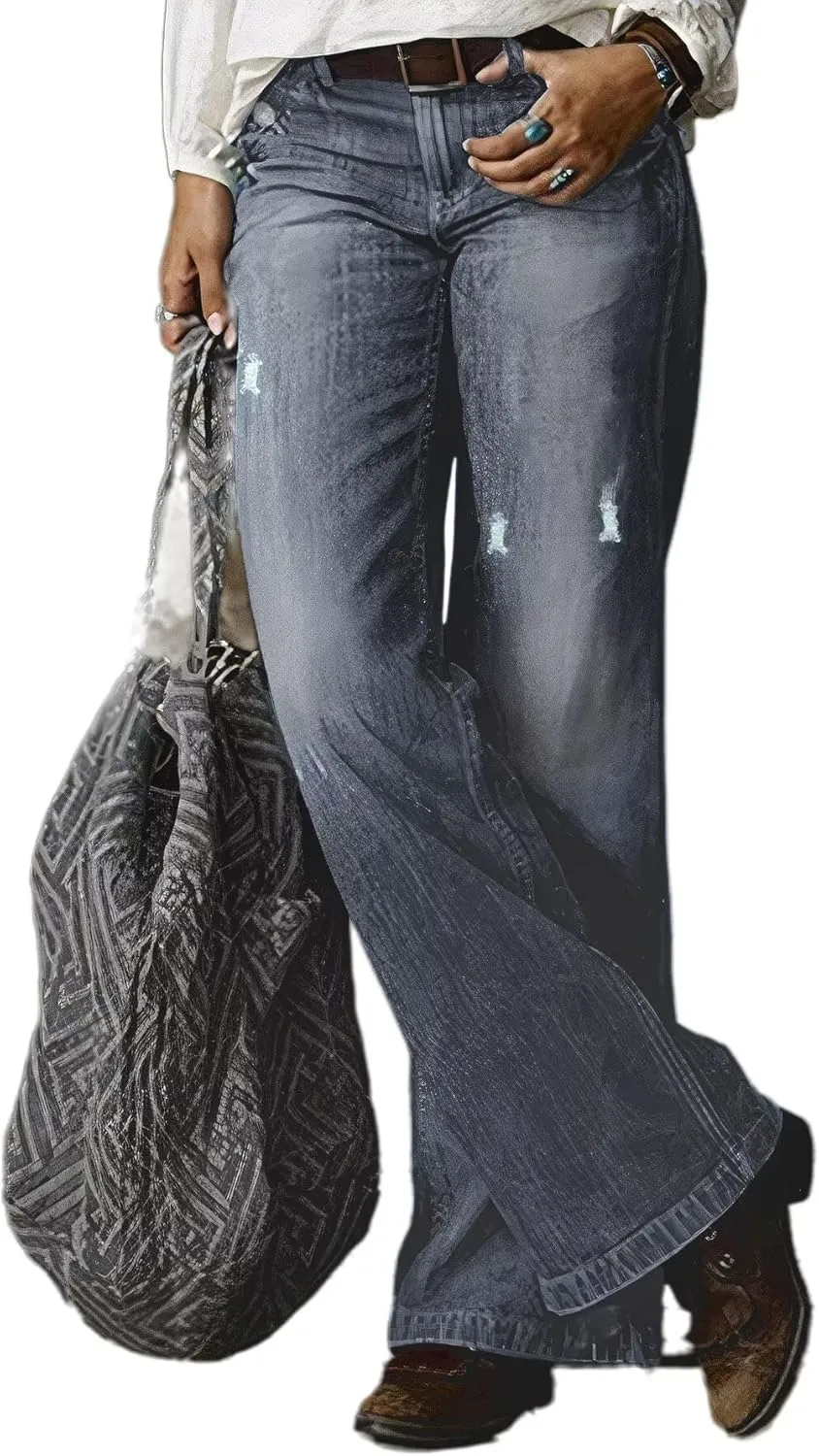 Flamingals Straight Leg Jeans for Women Ripped Raw Hem Mid Waisted Bootcut Jeans Without Belts