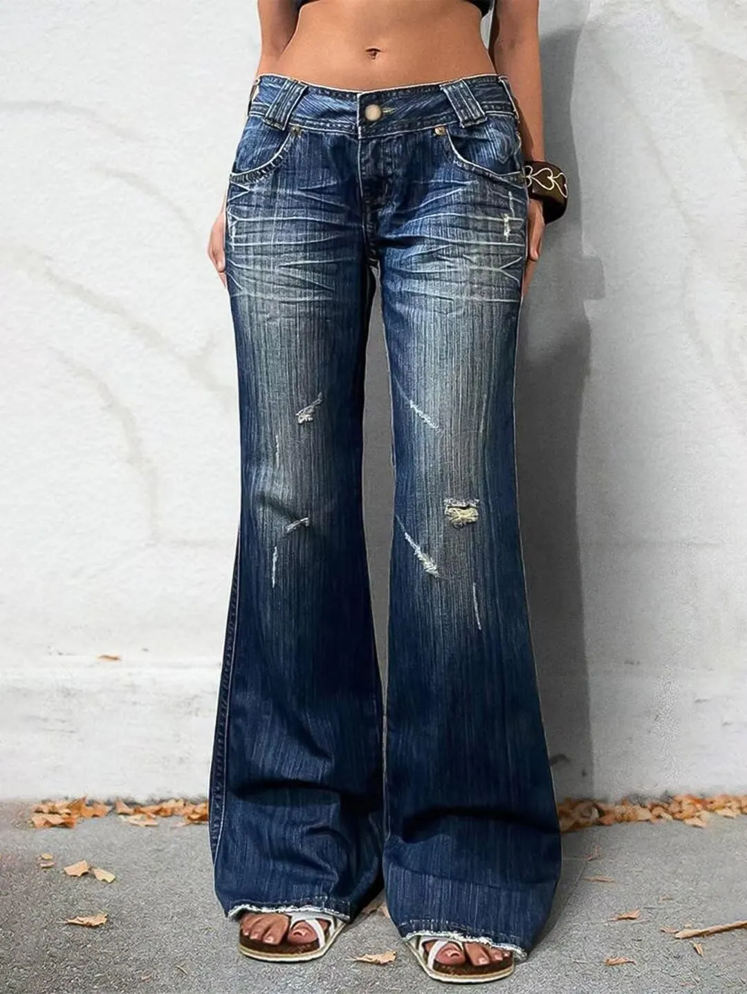 Flamingals Straight Leg Jeans for Women Ripped Raw Hem Mid Waisted Bootcut Jeans Without Belts