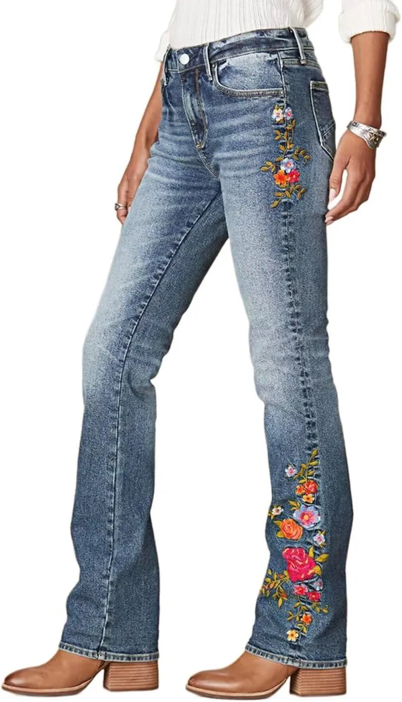 Flamingals Women's Floral Embroidery Mid Waist High Stretch Bootcut Jeans with Pockets