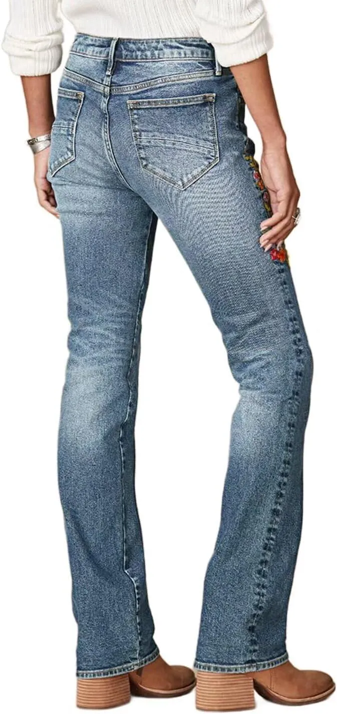 Flamingals Women's Floral Embroidery Mid Waist High Stretch Bootcut Jeans with Pockets