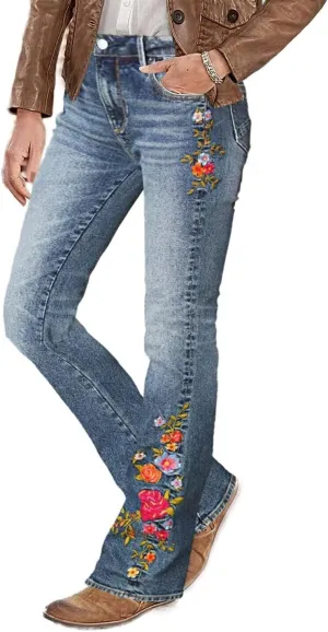 Flamingals Women's Floral Embroidery Mid Waist High Stretch Bootcut Jeans with Pockets