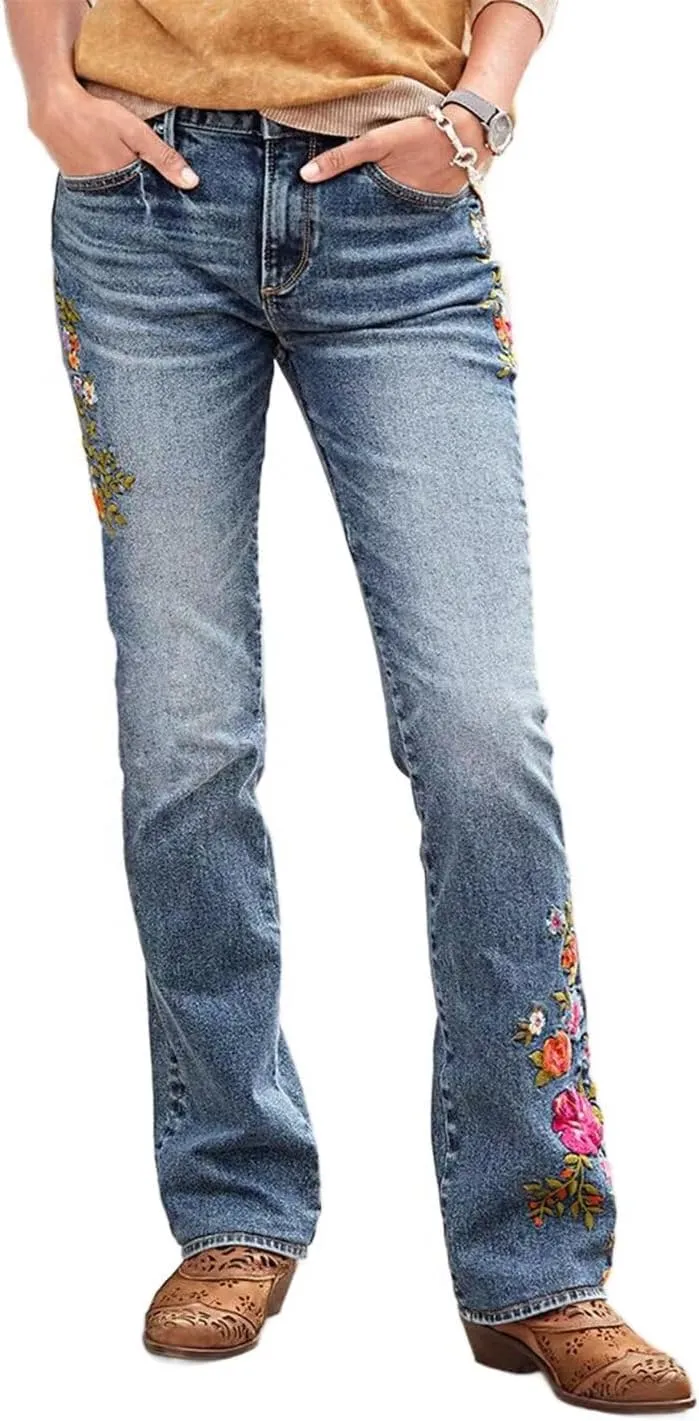 Flamingals Women's Floral Embroidery Mid Waist High Stretch Bootcut Jeans with Pockets