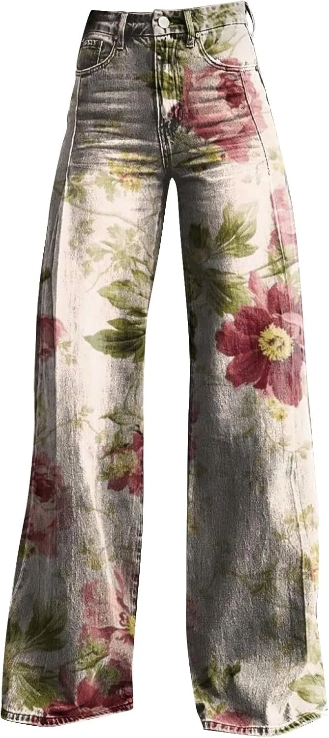 Flare Jeans for Women Flower Print Cute Trendy Wide Leg Baggy Pants High Waisted Flared Denim Trouser Vintage Jeans