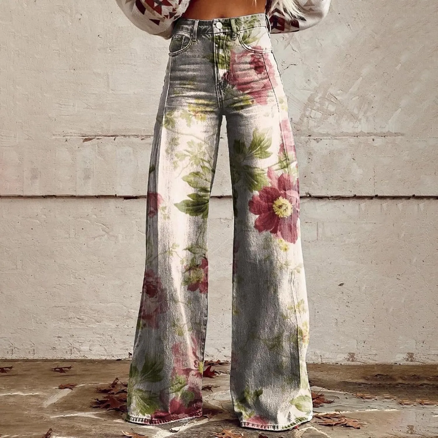 Flare Jeans for Women Flower Print Cute Trendy Wide Leg Baggy Pants High Waisted Flared Denim Trouser Vintage Jeans