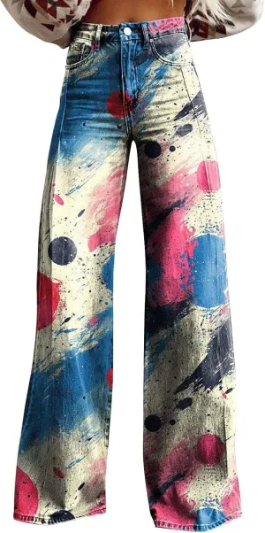 Flare Jeans for Women Flower Print Cute Trendy Wide Leg Baggy Pants High Waisted Flared Denim Trouser Vintage Jeans