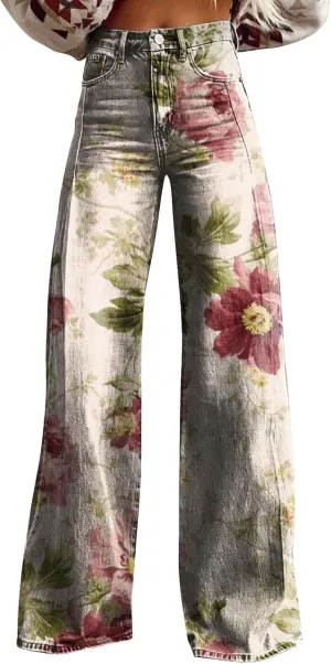 Flare Jeans for Women Flower Print Cute Trendy Wide Leg Baggy Pants High Waisted Flared Denim Trouser Vintage Jeans
