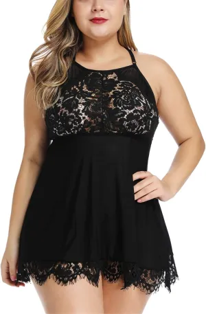 FlatterMe Plus Size Lingerie Babydoll Lace Floral Halter Sleepwear Set High Neck Chemise