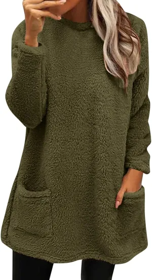 Fleece Pullover Women Sweaters Fuzzy Sherpa Long Sleeve Sweatshirt Crewneck Loungewear Tunics Tops with Pockets