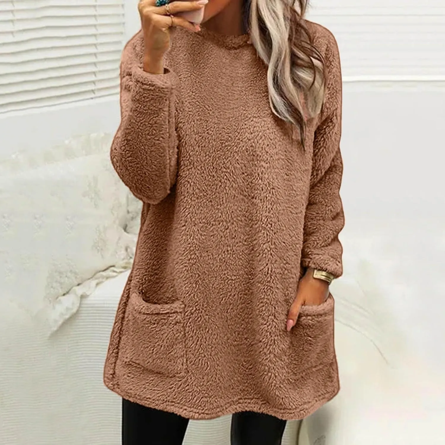 Fleece Pullover Women Sweaters Fuzzy Sherpa Long Sleeve Sweatshirt Crewneck Loungewear Tunics Tops with Pockets
