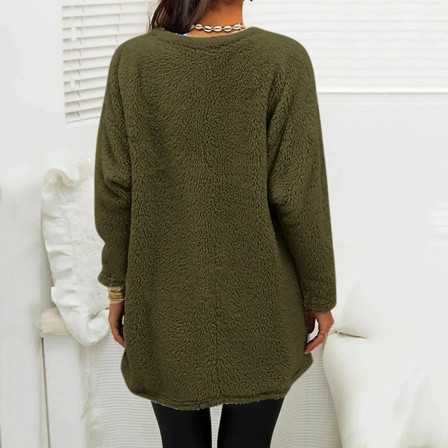 Fleece Pullover Women Sweaters Fuzzy Sherpa Long Sleeve Sweatshirt Crewneck Loungewear Tunics Tops with Pockets