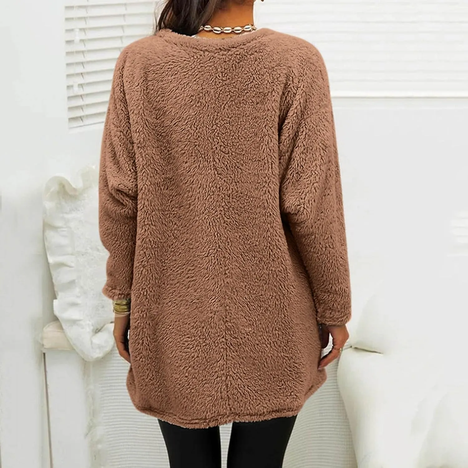 Fleece Pullover Women Sweaters Fuzzy Sherpa Long Sleeve Sweatshirt Crewneck Loungewear Tunics Tops with Pockets