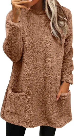 Fleece Pullover Women Sweaters Fuzzy Sherpa Long Sleeve Sweatshirt Crewneck Loungewear Tunics Tops with Pockets