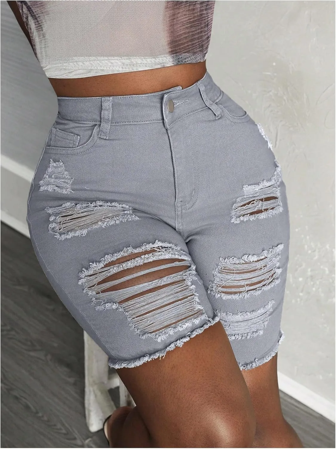 Floerns Women's High Waisted Distressed Denim Shorts Ripped Casual Skinny Short Jeans