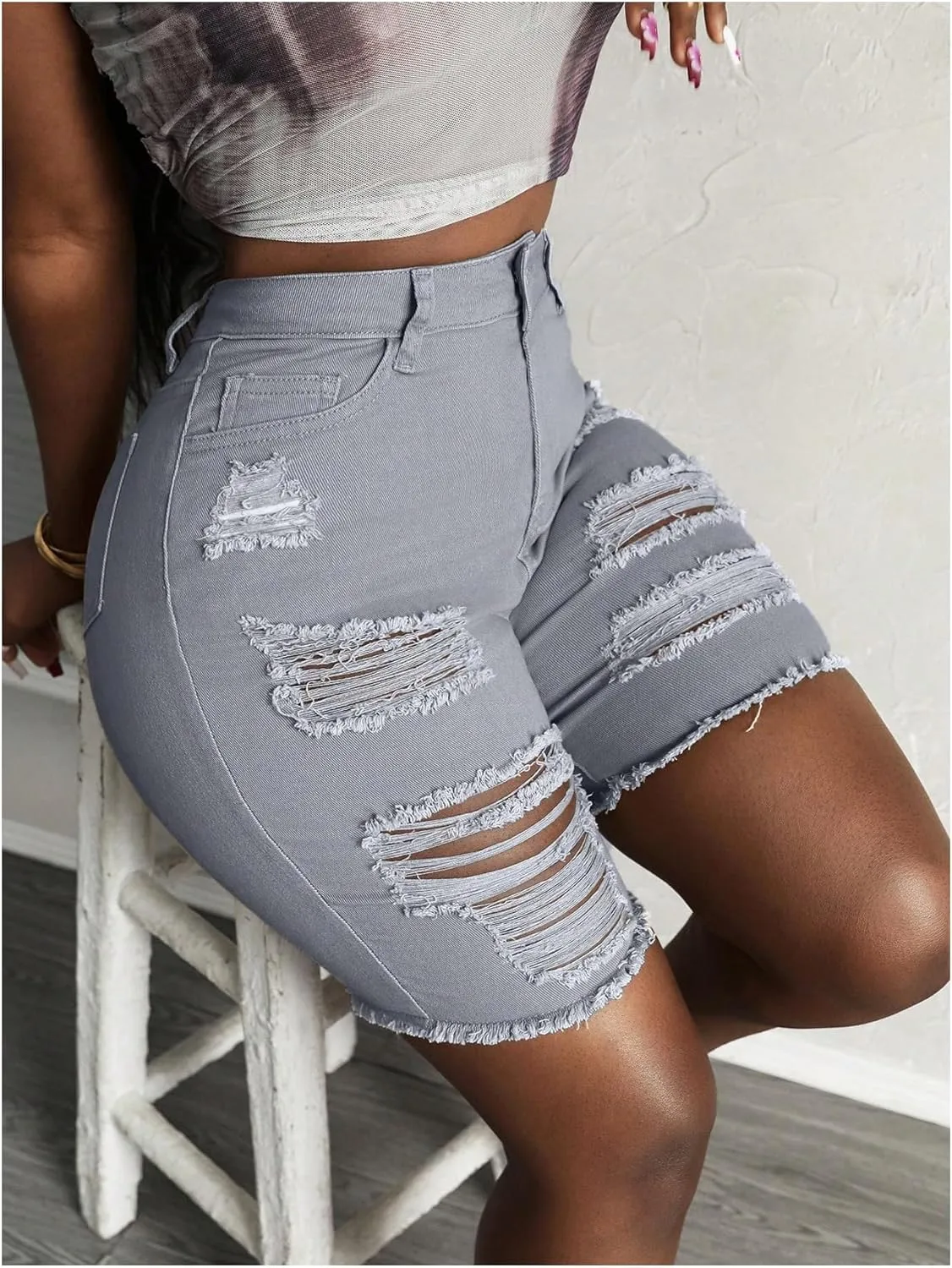 Floerns Women's High Waisted Distressed Denim Shorts Ripped Casual Skinny Short Jeans