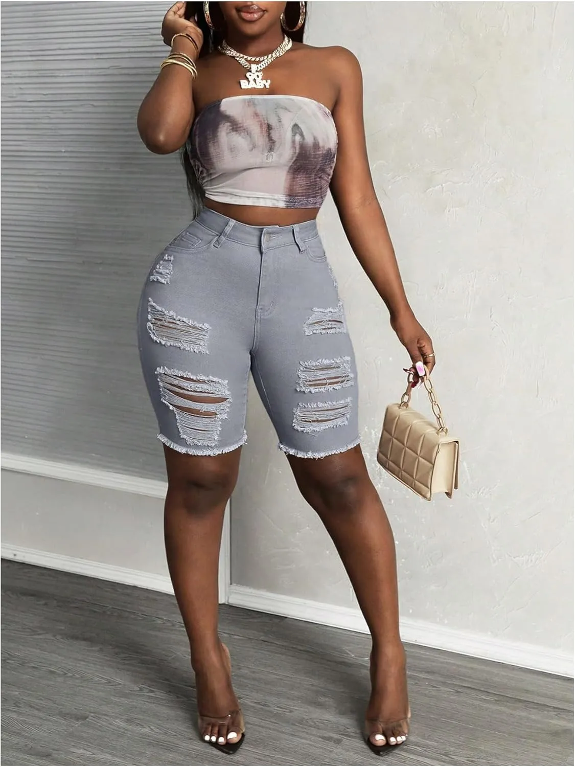 Floerns Women's High Waisted Distressed Denim Shorts Ripped Casual Skinny Short Jeans