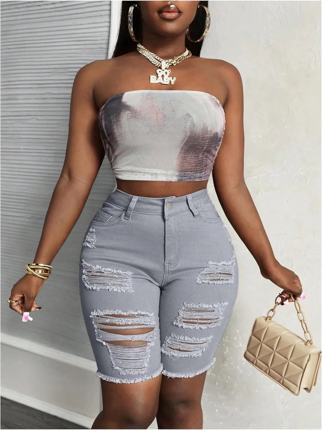Floerns Women's High Waisted Distressed Denim Shorts Ripped Casual Skinny Short Jeans