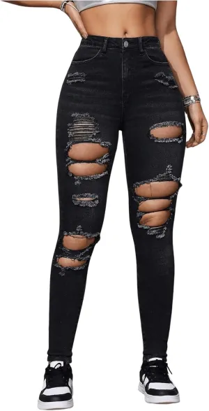 Floerns Women's Stretchy Ripped Skinny High Waist Denim Jeans with Pockets