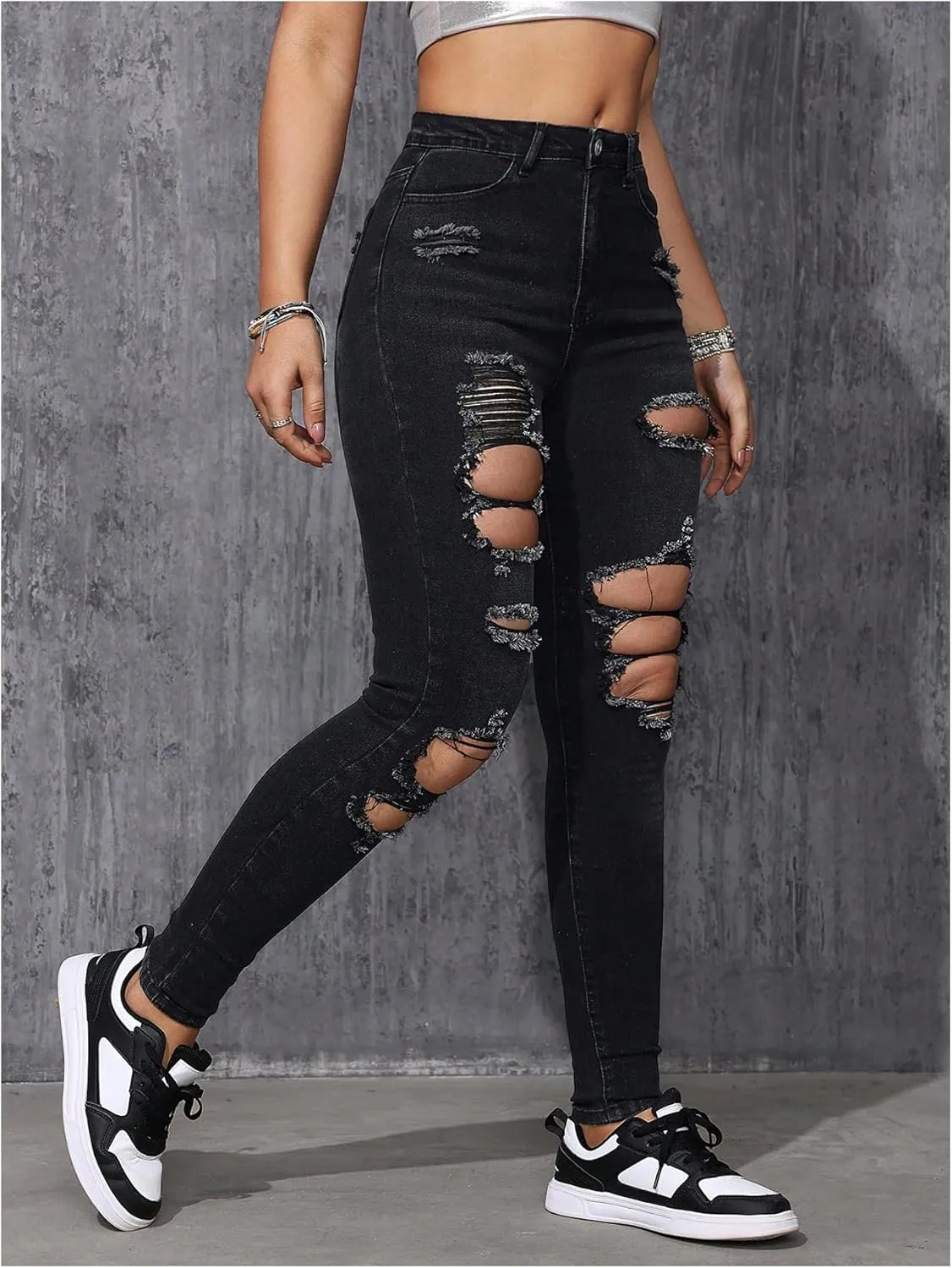 Floerns Women's Stretchy Ripped Skinny High Waist Denim Jeans with Pockets