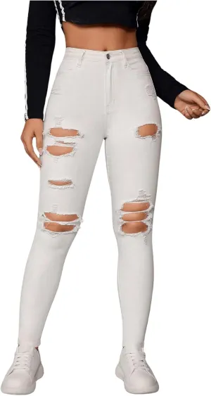 Floerns Women's Stretchy Ripped Skinny High Waist Denim Jeans with Pockets