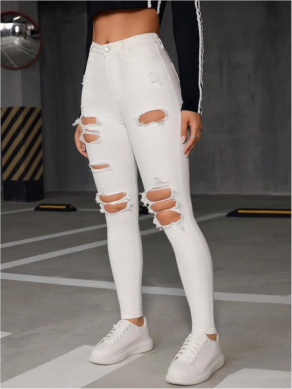 Floerns Women's Stretchy Ripped Skinny High Waist Denim Jeans with Pockets