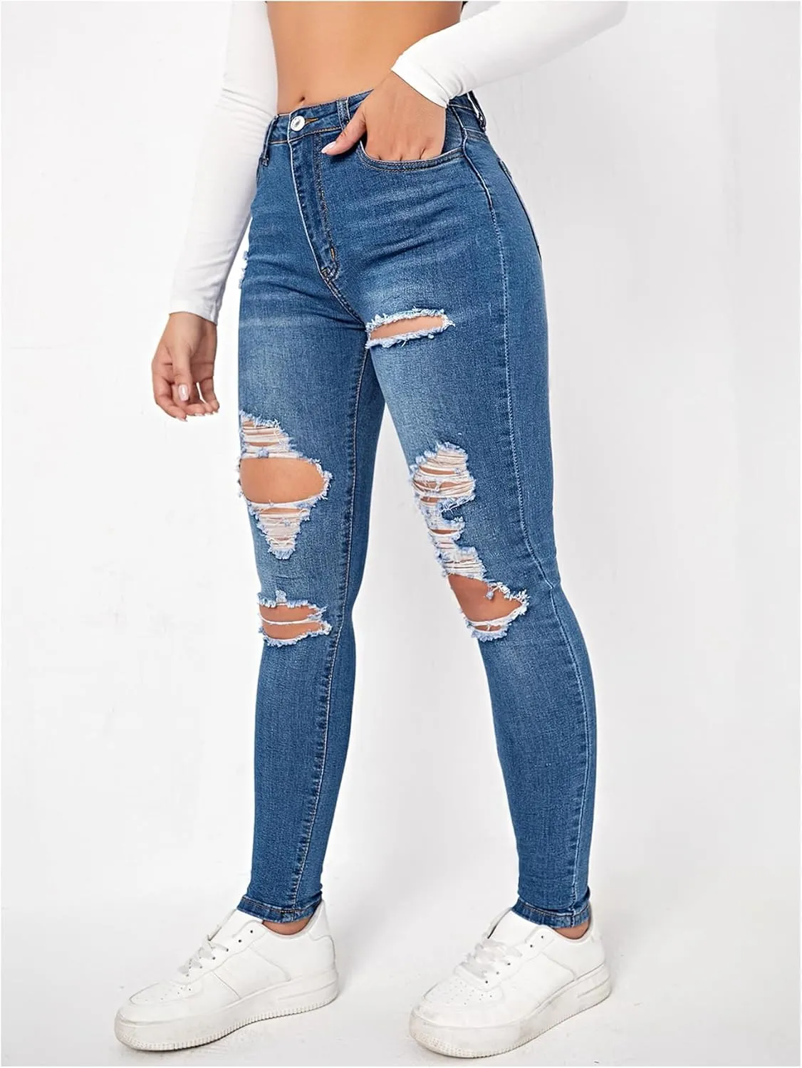 Floerns Women's Stretchy Ripped Skinny High Waist Denim Jeans with Pockets