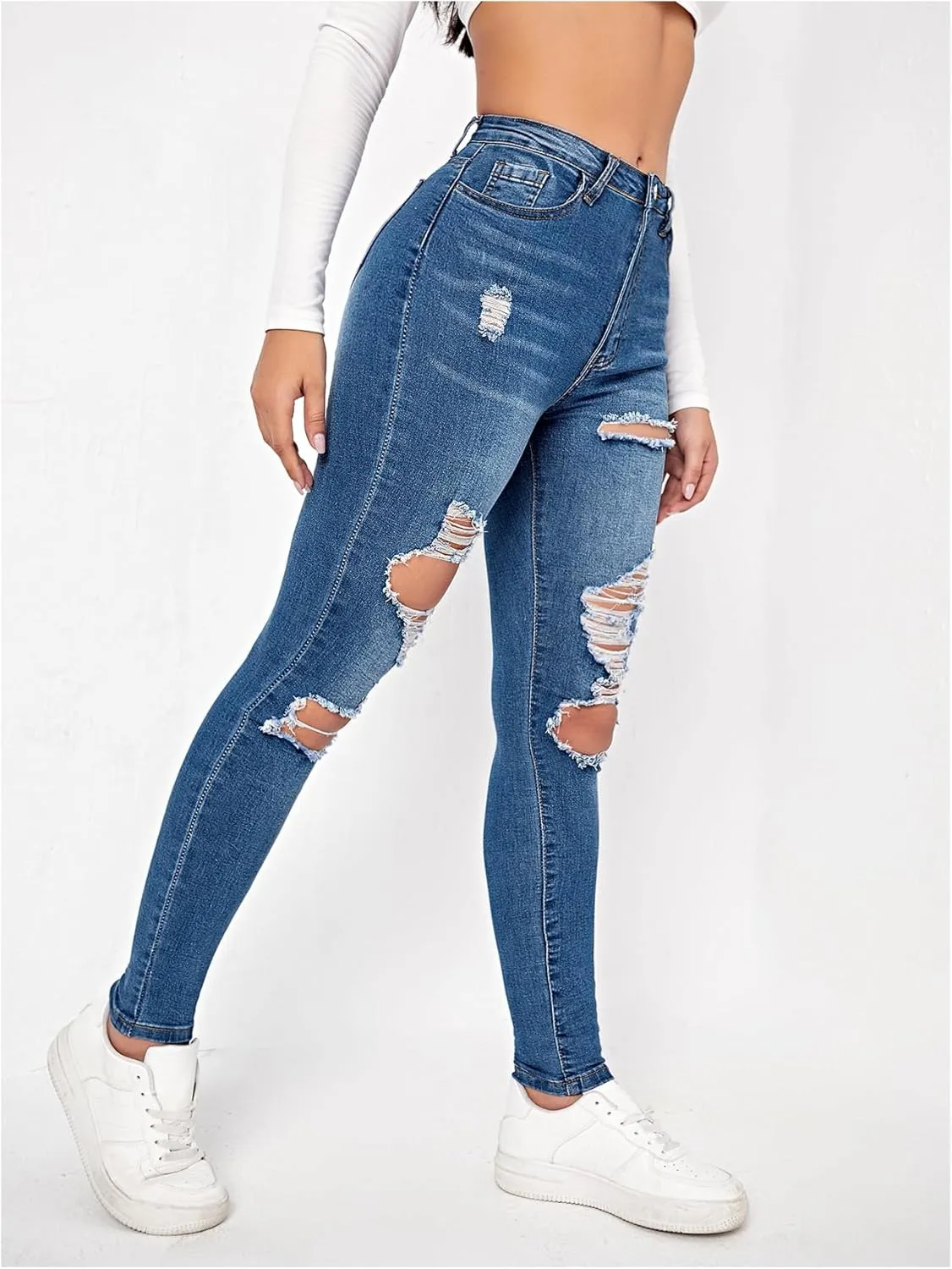 Floerns Women's Stretchy Ripped Skinny High Waist Denim Jeans with Pockets