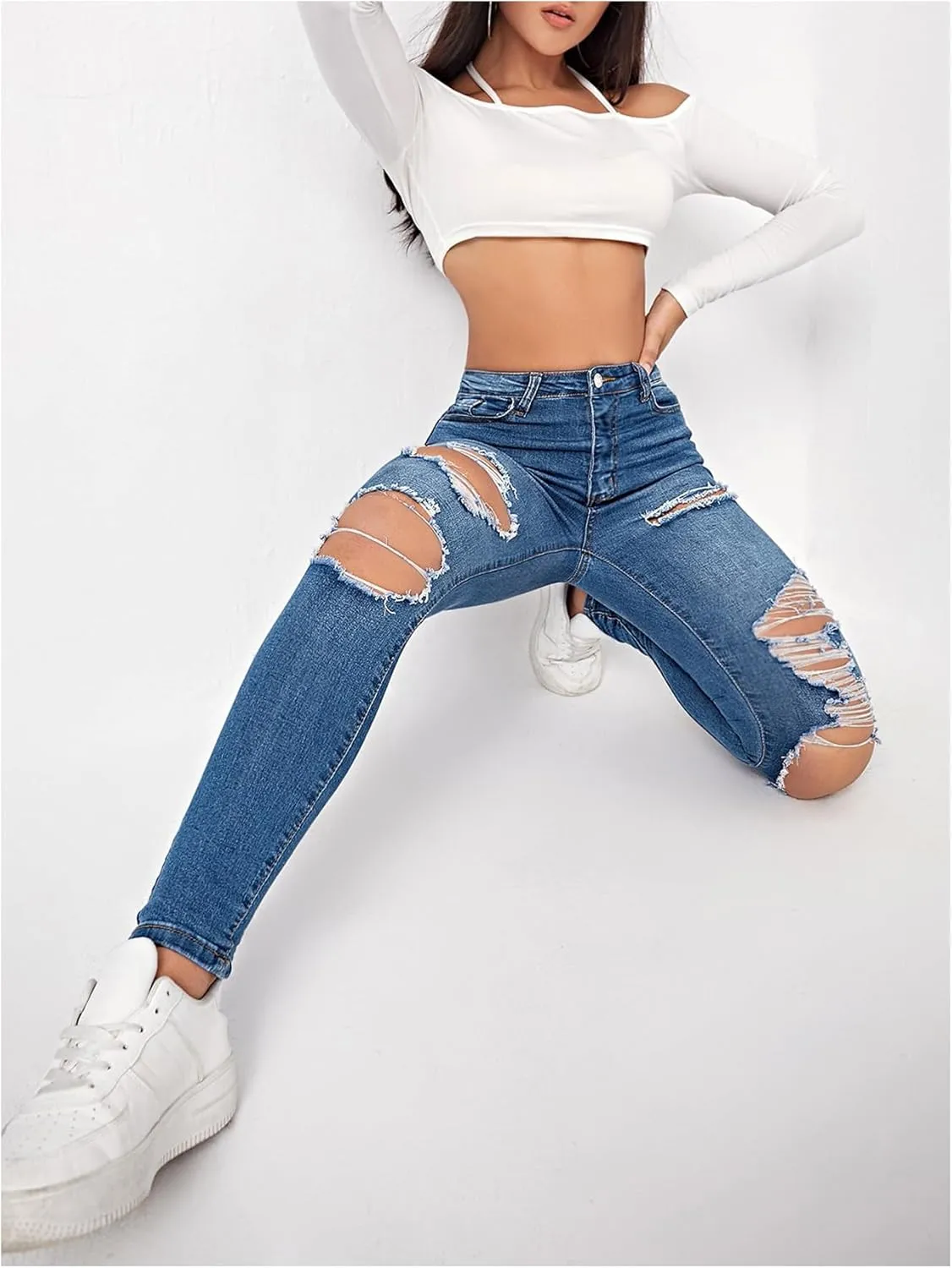 Floerns Women's Stretchy Ripped Skinny High Waist Denim Jeans with Pockets