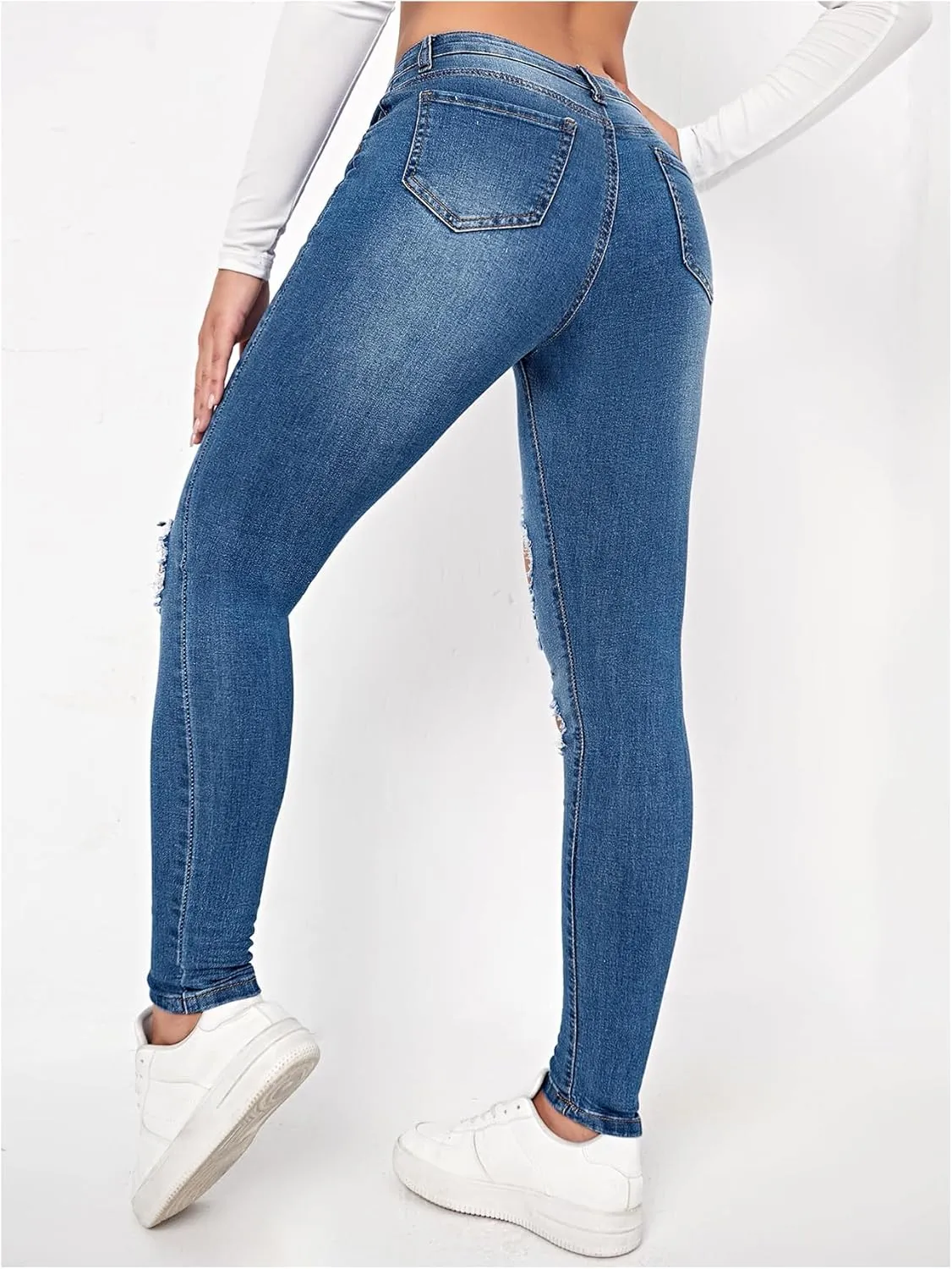 Floerns Women's Stretchy Ripped Skinny High Waist Denim Jeans with Pockets