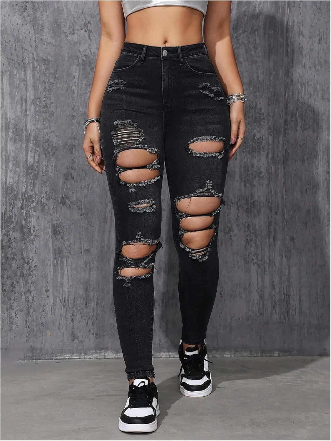 Floerns Women's Stretchy Ripped Skinny High Waist Denim Jeans with Pockets
