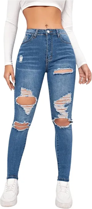 Floerns Women's Stretchy Ripped Skinny High Waist Denim Jeans with Pockets