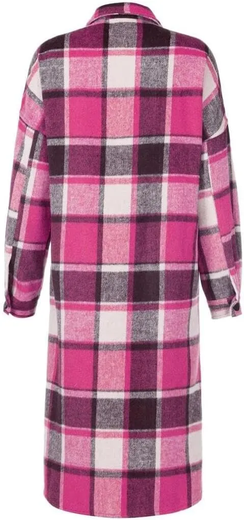FMCHICO Casual Long Plaid Shirts Shacket Jacket Button Down Long Sleeve Shirts Trench Coats for Women