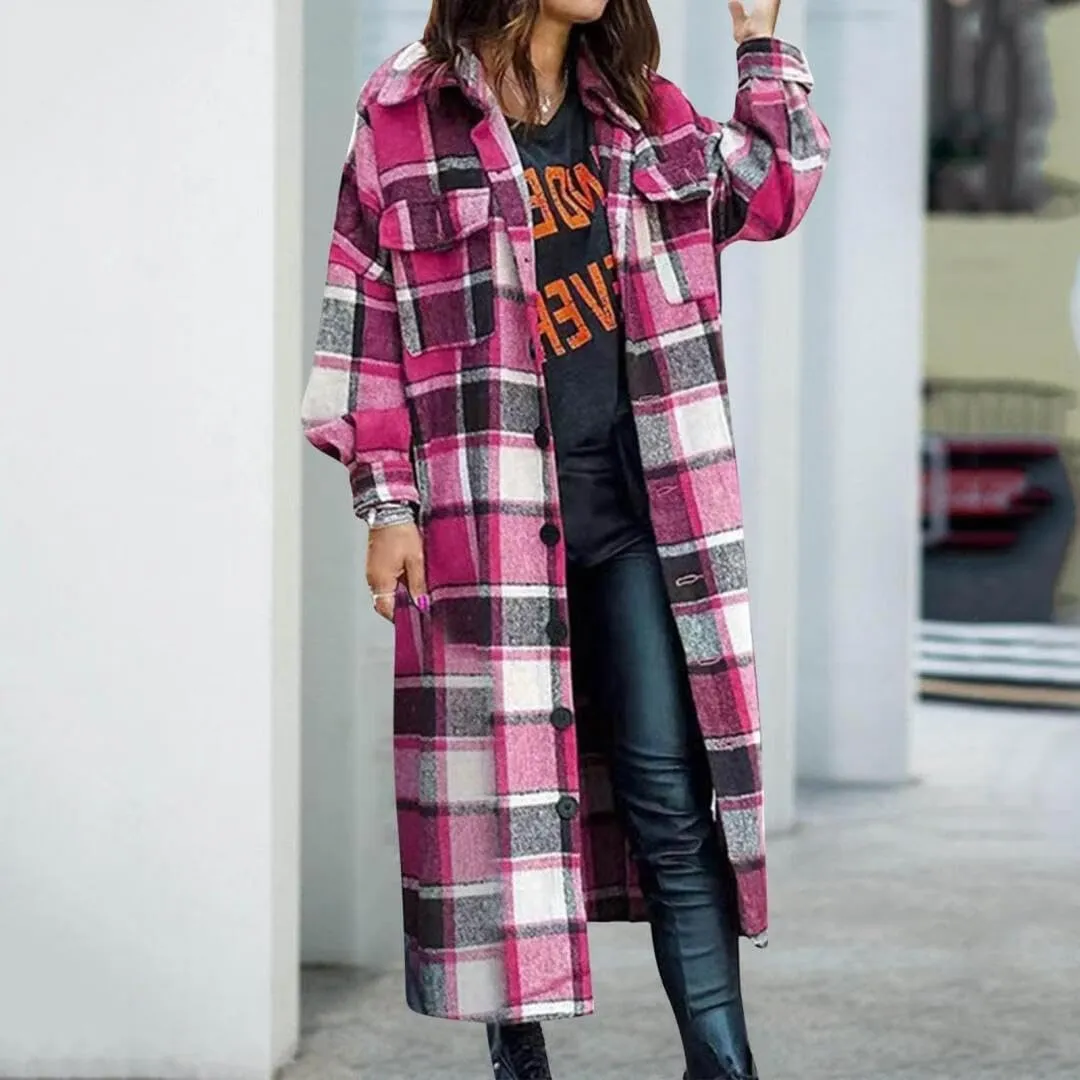 FMCHICO Casual Long Plaid Shirts Shacket Jacket Button Down Long Sleeve Shirts Trench Coats for Women
