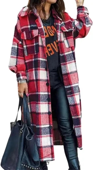 FMCHICO Casual Long Plaid Shirts Shacket Jacket Button Down Long Sleeve Shirts Trench Coats for Women