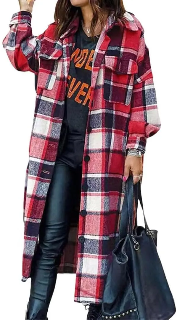 FMCHICO Casual Long Plaid Shirts Shacket Jacket Button Down Long Sleeve Shirts Trench Coats for Women