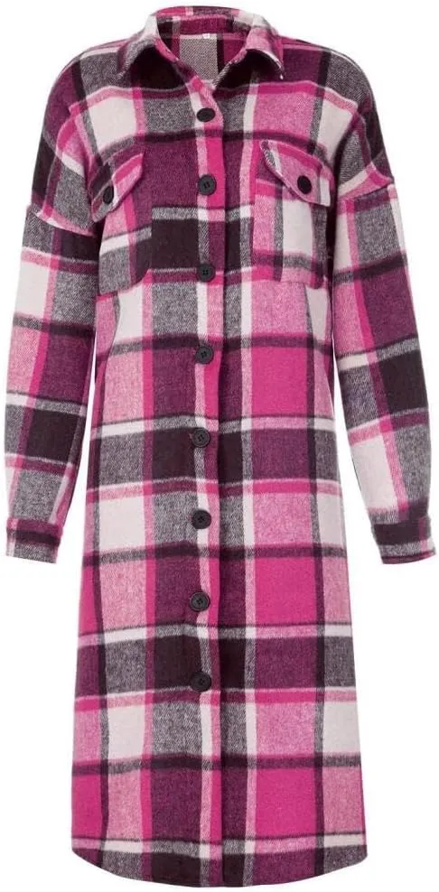 FMCHICO Casual Long Plaid Shirts Shacket Jacket Button Down Long Sleeve Shirts Trench Coats for Women